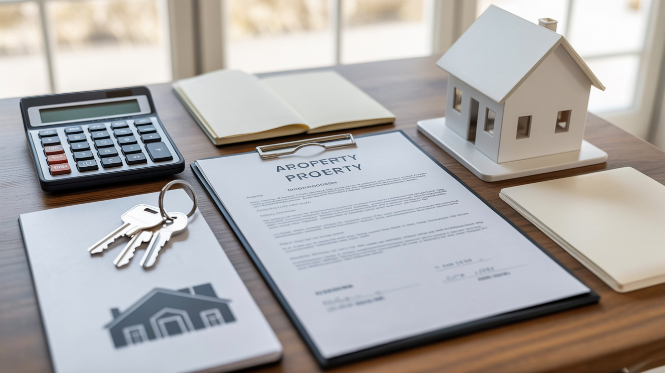 Property investment planning documents and calculator on desk