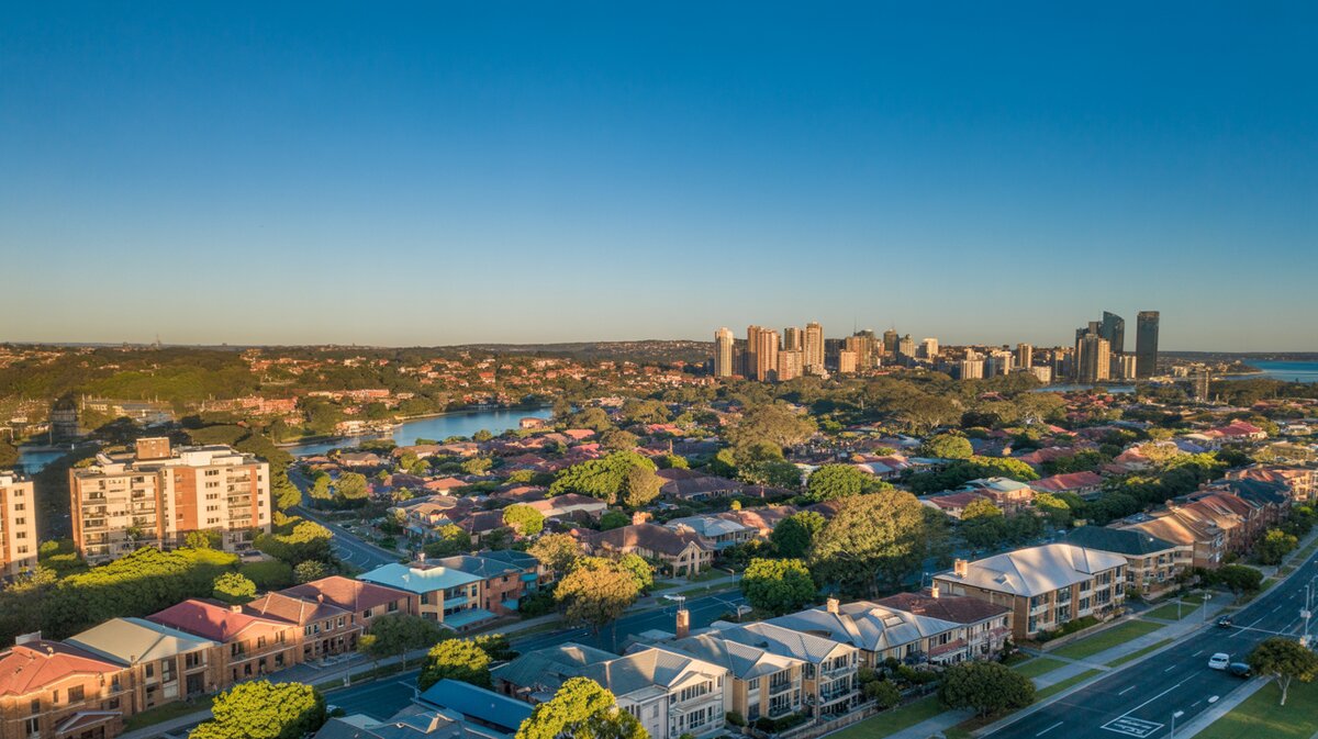 Aerial view of St George district Sydney showing residential suburbs of Hurstville and Kogarah with tree-lined streets and mixed housing