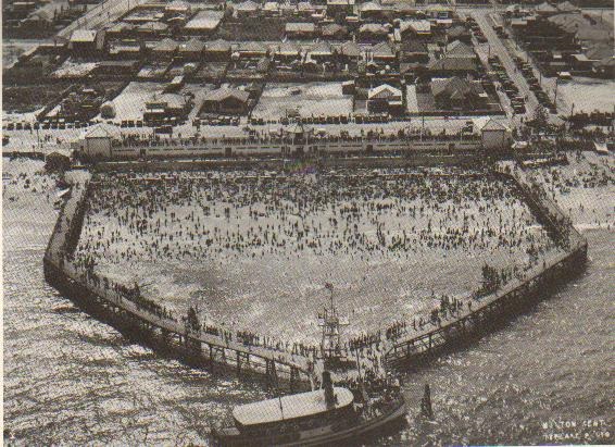 Brighton-Le-Sands ocean baths aerial view 1930s showing thousands of swimmers