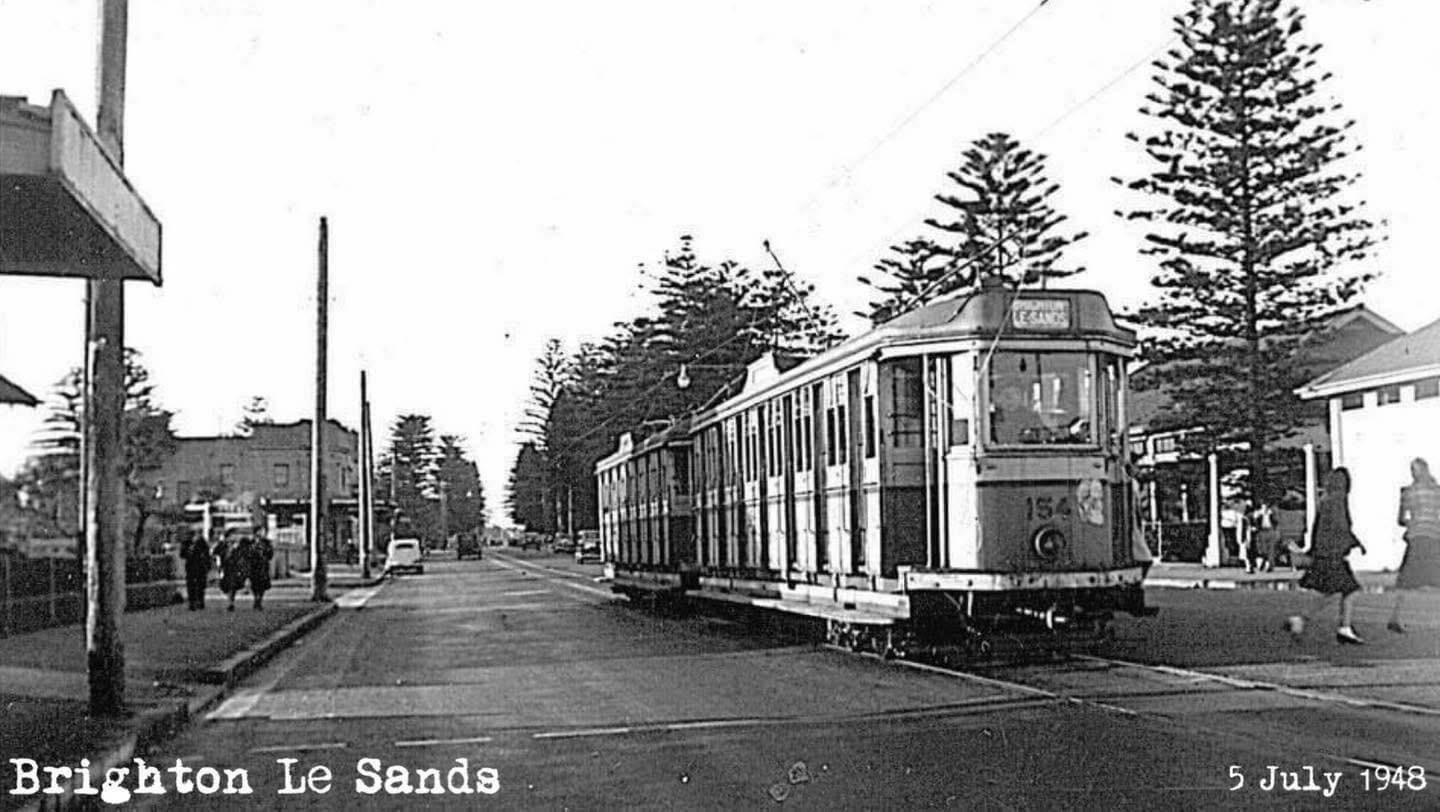 Brighton-Le-Sands tram on 5 July 1948, showing the electric tramway that connected the suburb to Sydney