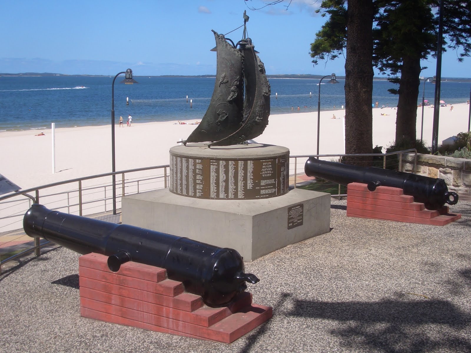 First Fleet Memorial at Brighton-Le-Sands beach with cannons and bronze sculpture