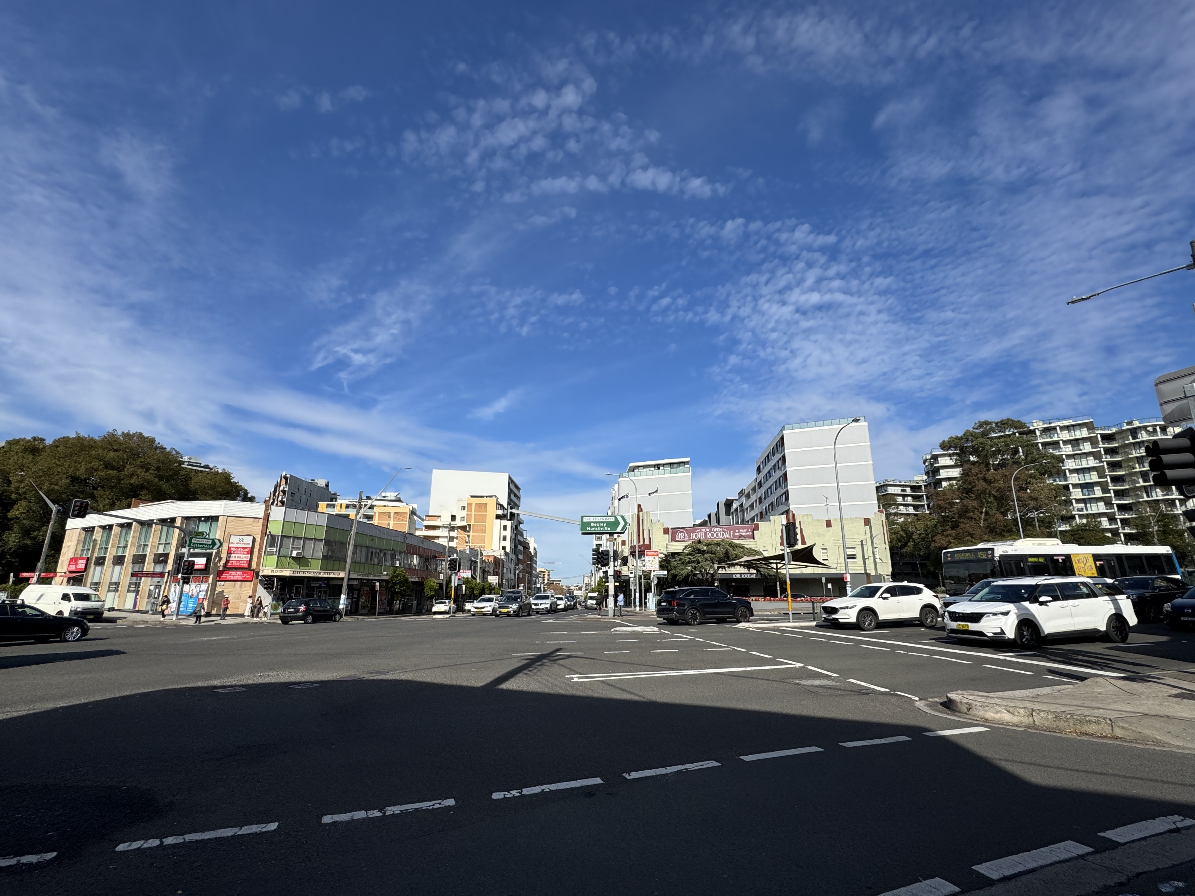 Princes Highway and Seven Ways intersection in Rockdale town centre with shops and retail NSW 2216